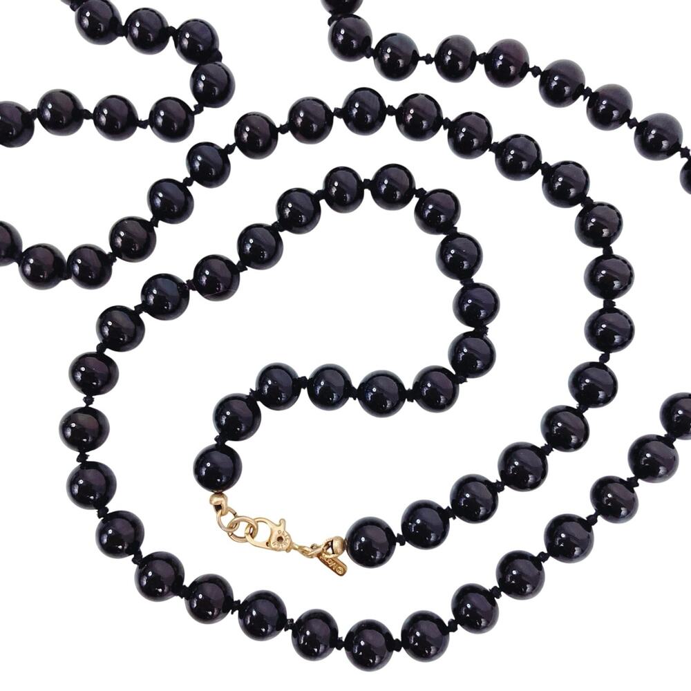 VTG Monet Signed Glossy Jet Black Glass Bead Necklace 70s Long Opera Strand